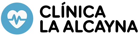 Logotipo de Clínica La Alcayna con corazón y línea de pulso en color azul
